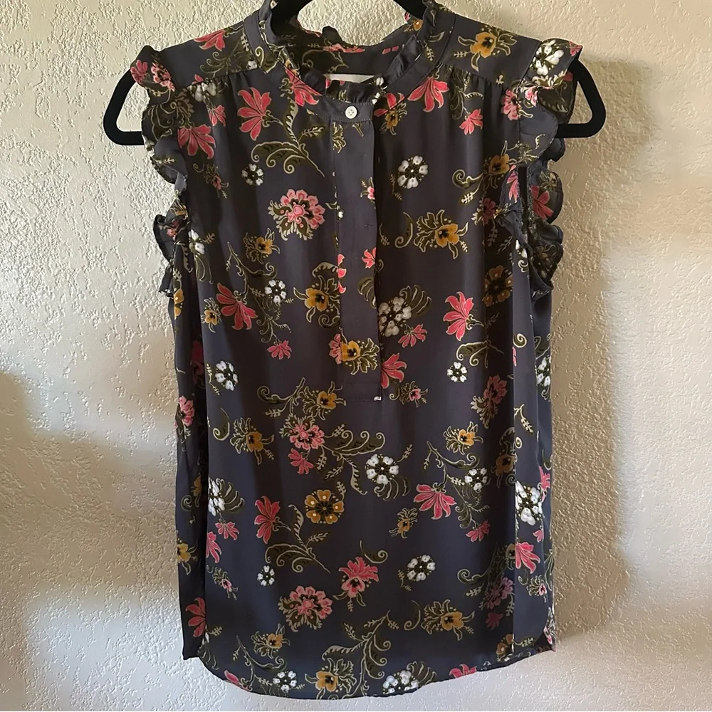 Ann Taylor LOFT Dark Floral Ruffle Blouse - Picture 1 of 4